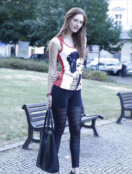 Gracile porn star Ariadna unveiling tiny tits and sexy ass outdoor